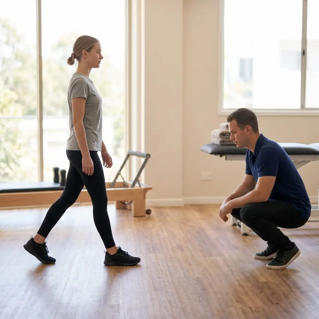 AI-generated illustration of a clinician crouching to observe a young woman's walking pattern from the side during a gait assessment
