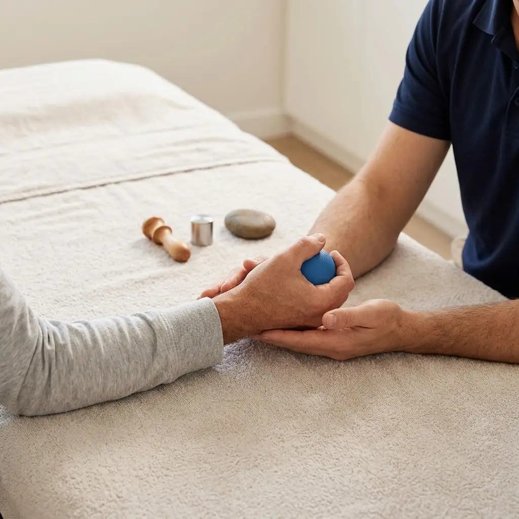AI-generated illustration of a therapist guiding an adult client's hand during a gentle grip exercise with a small soft ball on a treatment table