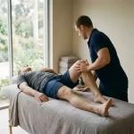 AI-generated illustration of a strength and motor control assessment, with a therapist testing a man's hip strength in different positions on a treatment table
