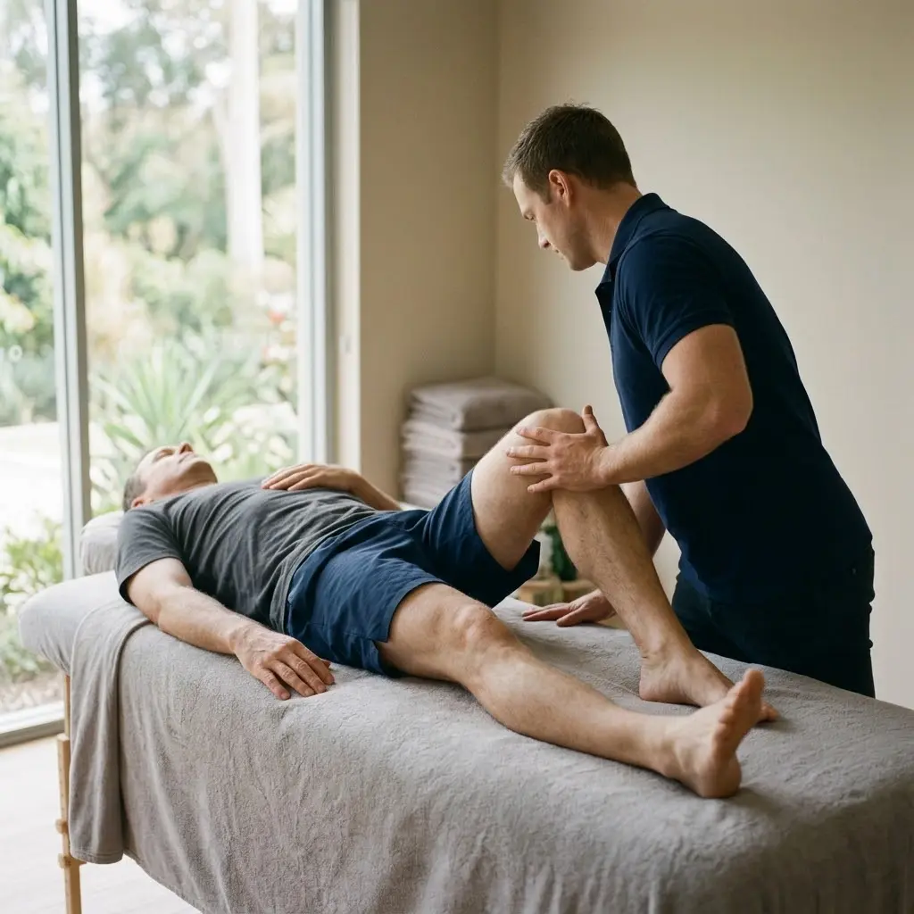 AI-generated illustration of a strength and motor control assessment, with a therapist testing a man's hip strength in different positions on a treatment table