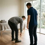 AI-generated illustration of an acute low back pain assessment, with a therapist observing a man in workwear slowly bending forward in a clinic