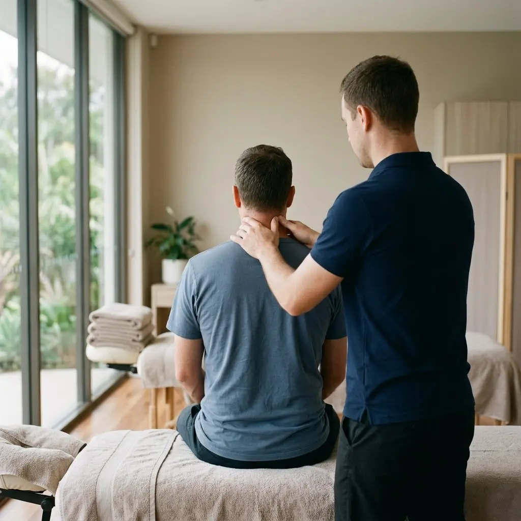 Case 12 – Long-Standing Neck Pain and Sleep Difficulty: Looking at the Bigger Picture 6 AI-generated illustration of a neck pain and sleep case, with a therapist gently assessing a seated client's neck and upper shoulders in a calm clinic
