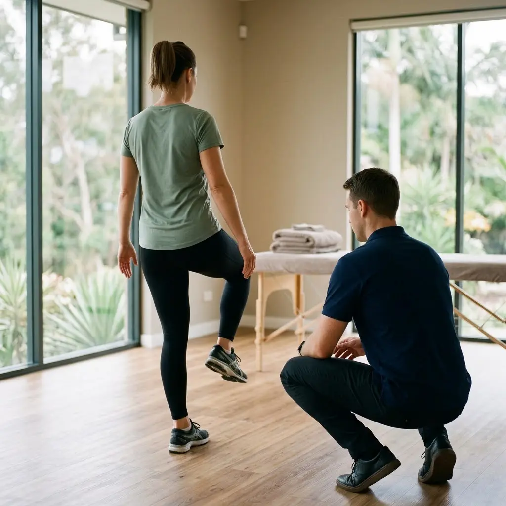AI-generated illustration of a long-standing training injury assessment, with a therapist observing a woman's pelvic control during a single-leg balance exercise in a clinic