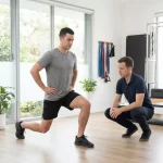 AI-generated illustration of a clinician crouching to observe a man's hip and knee alignment as he performs a split squat