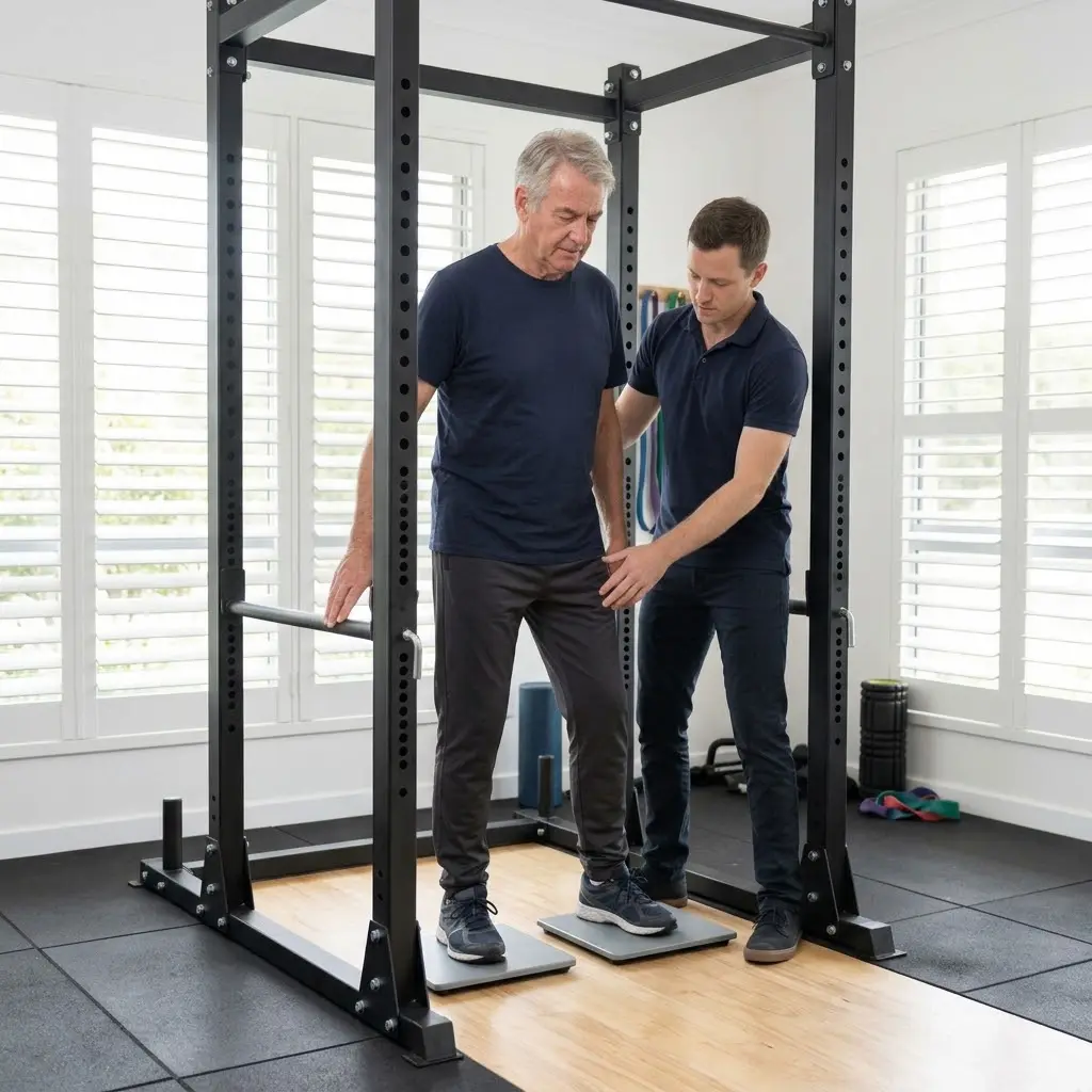 AI-generated illustration of a clinician supporting an older man as he stands on force plates inside a full power rack with safety bars