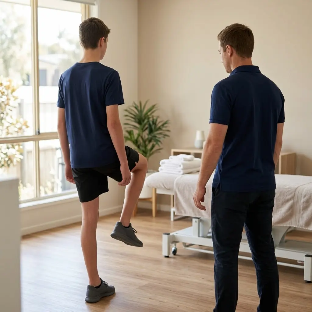 AI-generated illustration of a growth spurt and coordination assessment, with a therapist observing a teenage athlete's single-leg balance in a clinic