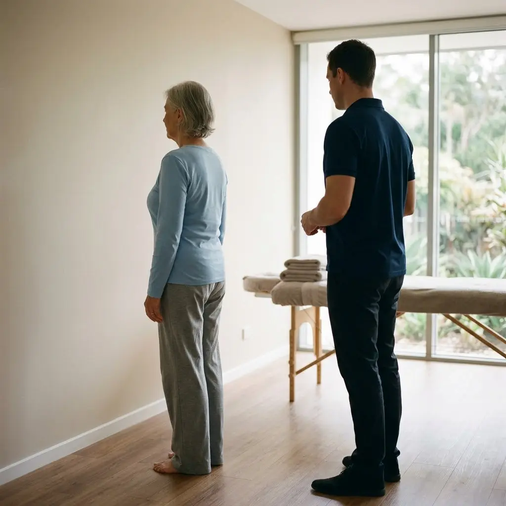 AI-generated illustration of a stiff upper back assessment, with a therapist observing an older adult's standing posture from the side in a clinic
