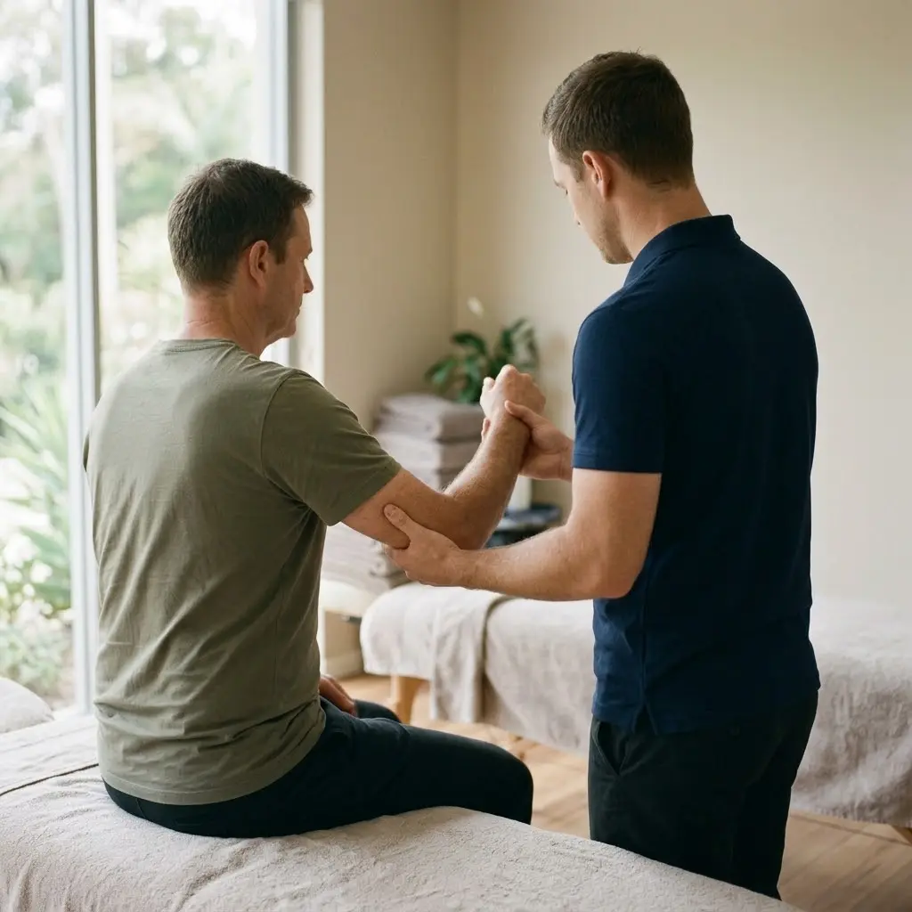 Case 7: Long-Standing Low Mood and Widespread Physical Discomfort 4 AI-generated illustration of a widespread aches and pains assessment, with a therapist gently checking a seated man's shoulder and elbow movement in a clinic